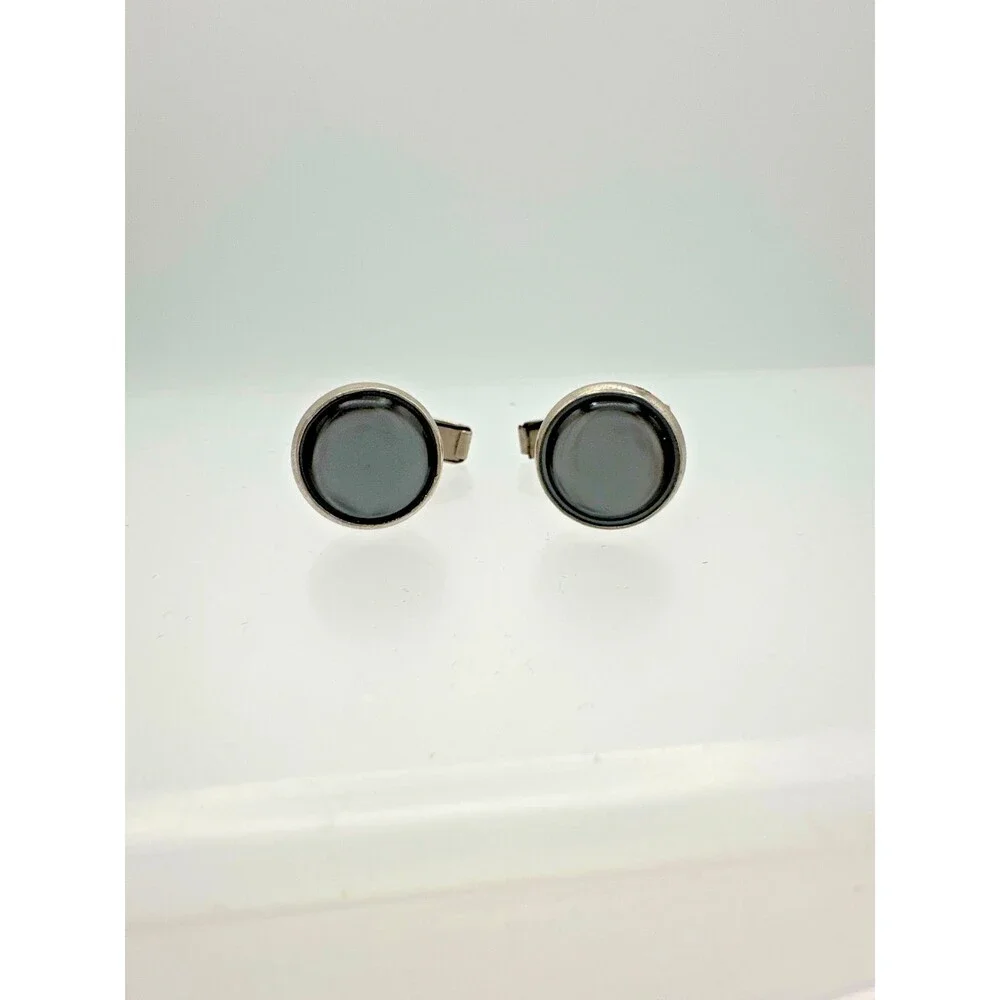 Vintage‎ Round Gray Glass Cufflinks – Silver Tone Mid-Century Style